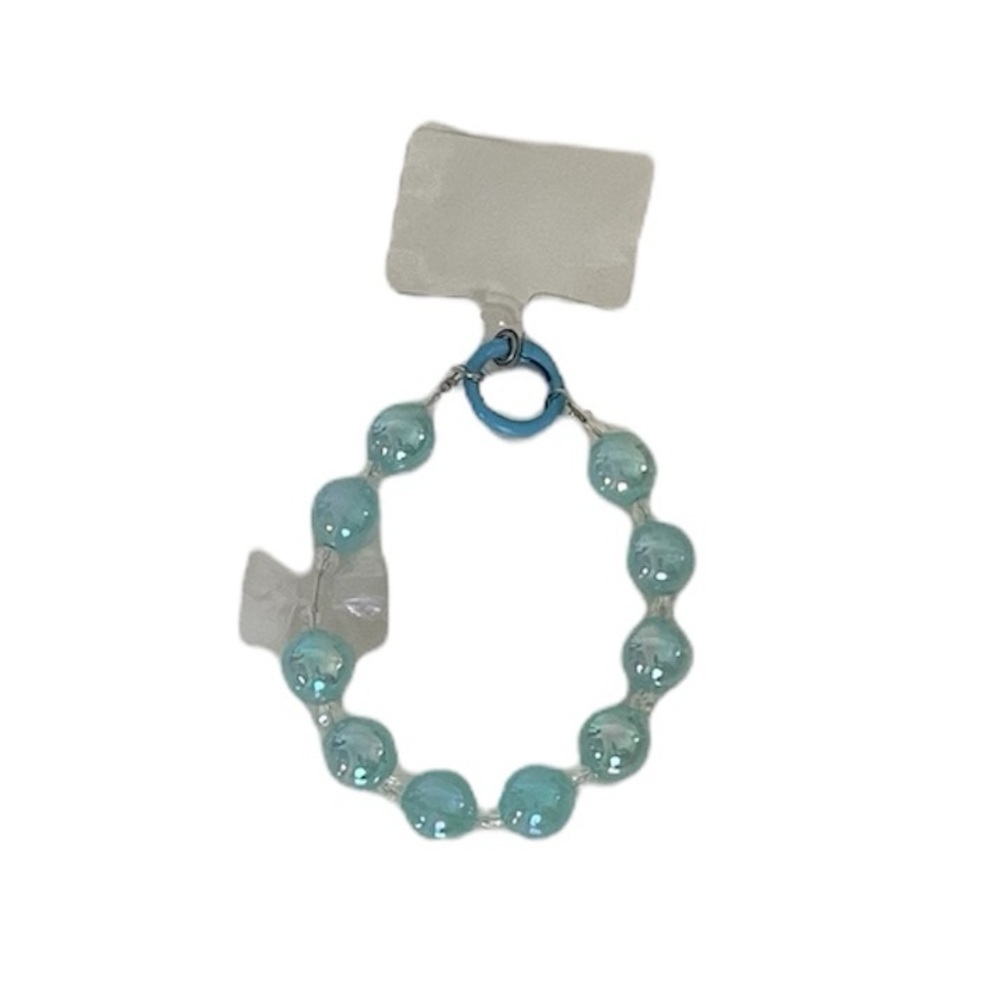 Large Blue Beaded with Clear Bow Charm Phone Accessory Wristlet with Phone Tab - Picture 3 of 15